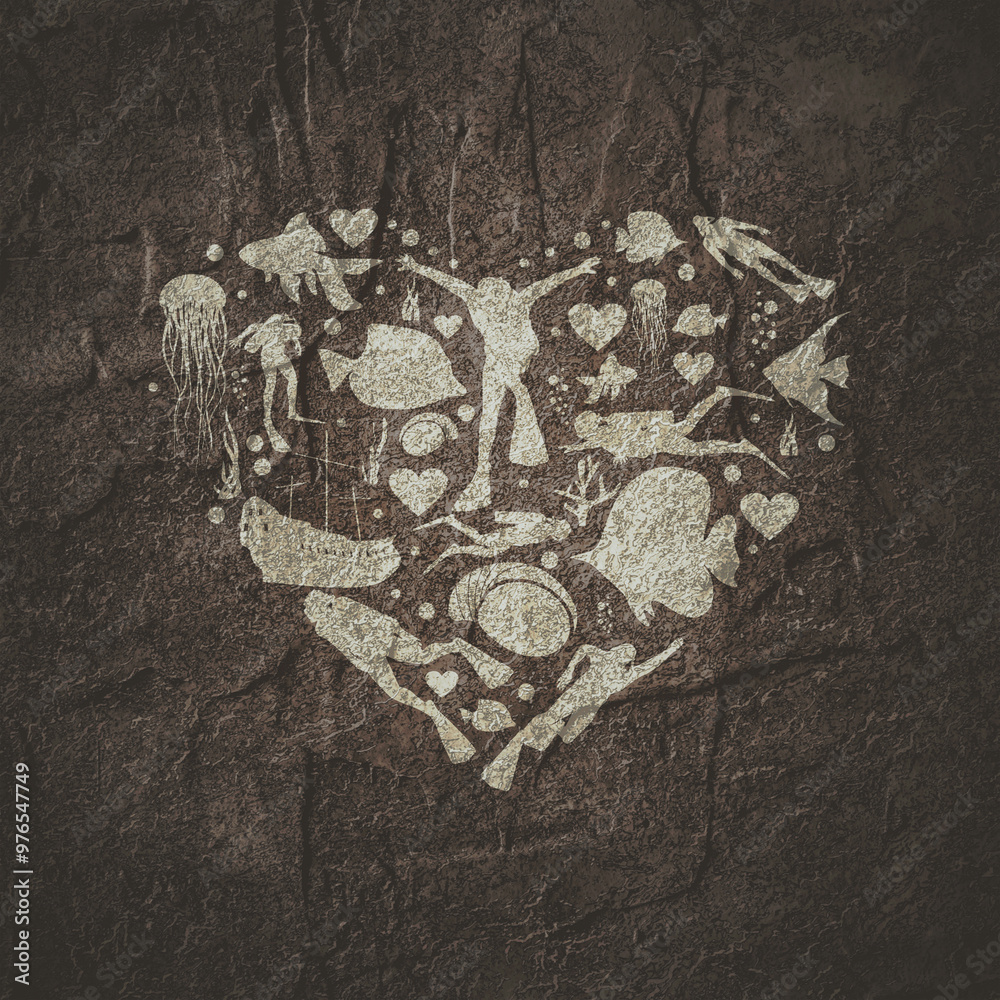 Fototapeta premium Heart Shape with Scuba Diving Theme Icons. Travel and Vacation Poster Concept.