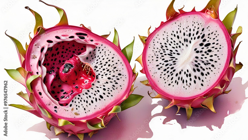 A watercolor illustration of dragon fruit, with one half cut to reveal the speckled interior white background, A watercolor illustration of dragon fruit, with one half cut to reveal the speckled interior white background,