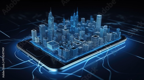 A 3D rendering of a city skyline on a smartphone, representing the concept of smart cities and digital technology. #976547949