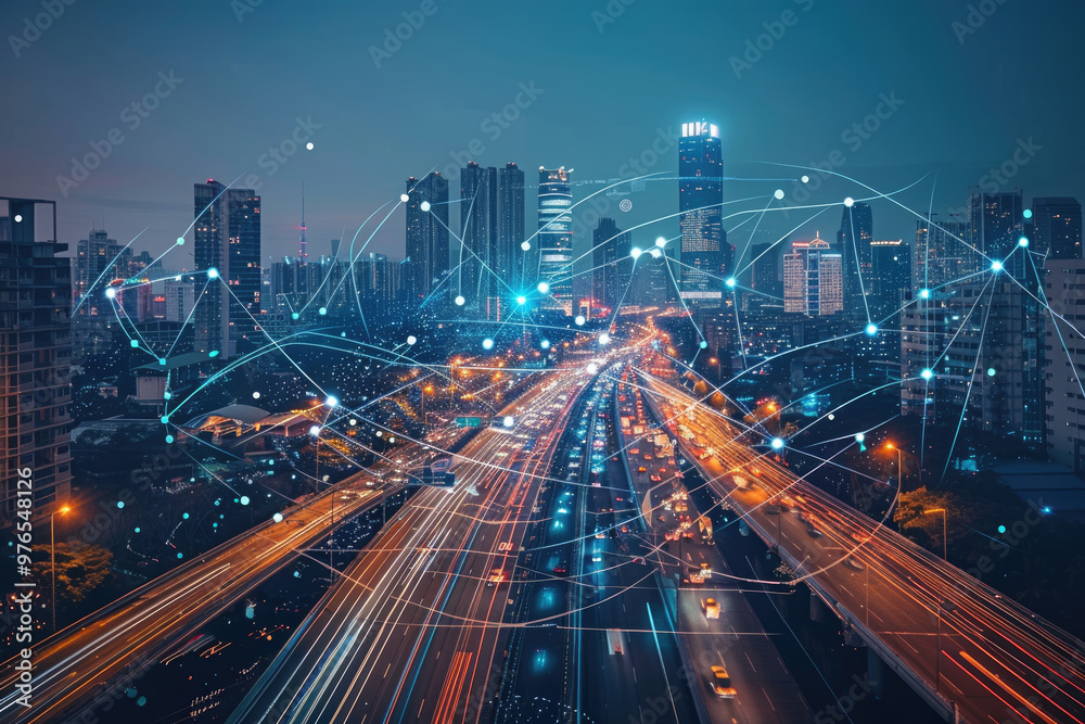 Fototapeta premium At night, the light trajectory of the taillights of fast-moving vehicles on city roads