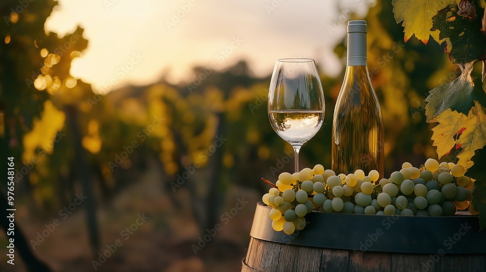Fototapeta premium Wine Bottle and Grapes at Sunset