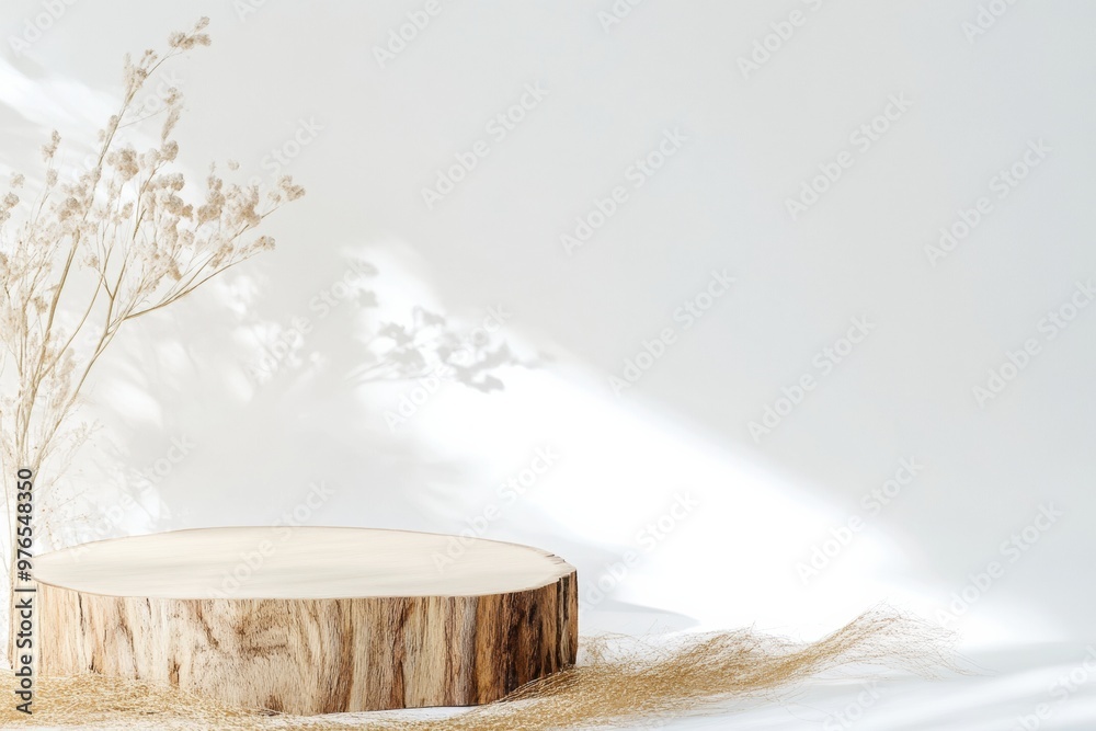 Minimalist Natural Wood Podium with Soft Gold Tinsel on Clean White Background Minimalist Natural Wood Podium with Soft Gold Tinsel on Clean White Background