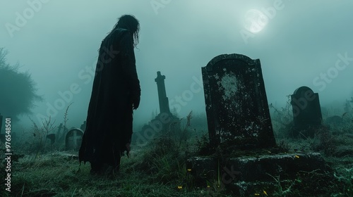 Spooky Ghostly Figure by Crumbling Gravestone in Eerie Cemetery at Night with Moonlight Shadows and Fog - Mysterious Halloween Scene