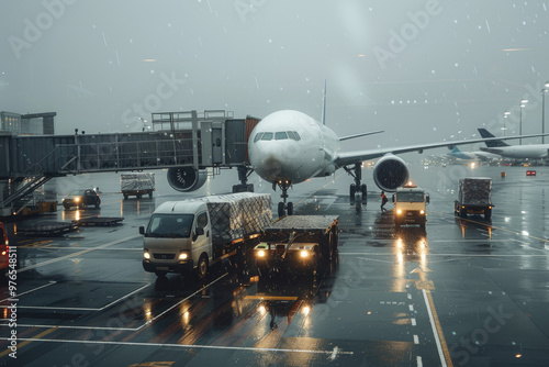 At the airport, cargo planes are loading and unloading goods