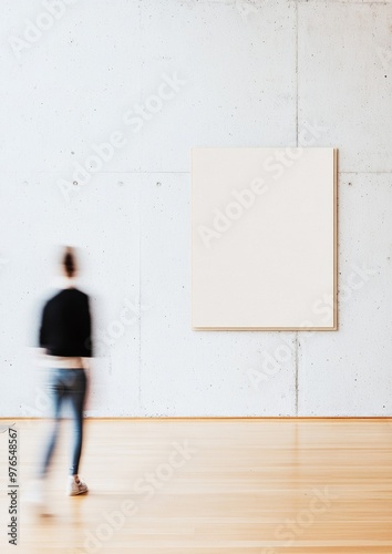 Modern Office Empty White Concrete Wall with Blank Poster and Motion Blur of Passing People