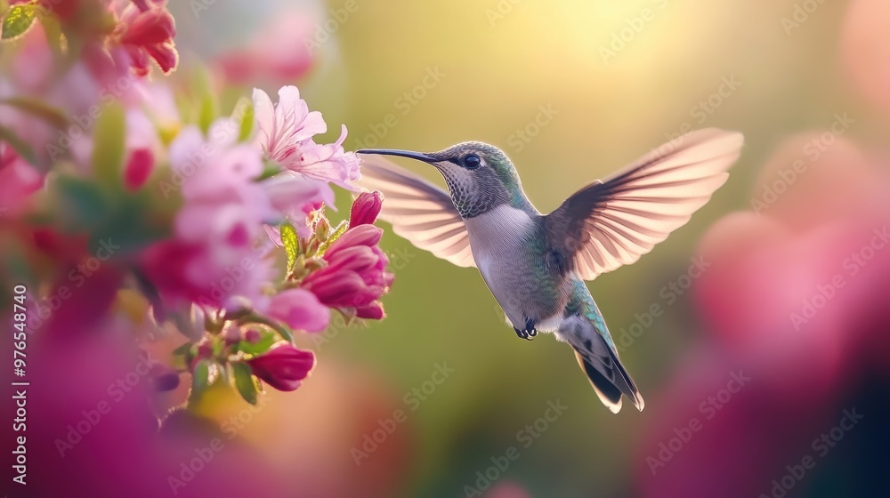 Obraz premium A hummingbird is flying over a field of pink flowers. Concept of freedom and beauty, as the bird gracefully moves through the air, surrounded by the vibrant colors of the flowers