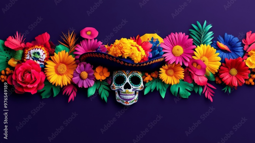 Fototapeta premium Day of the Dead Floral Skull Arrangement, a colorful celebration of life with marigolds, sugar skulls, and vibrant flowers.