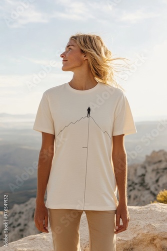 Woman Wearing Minimalist Mountaineering T-Shirt in Outdoor Mountain Setting at Sunrise photo