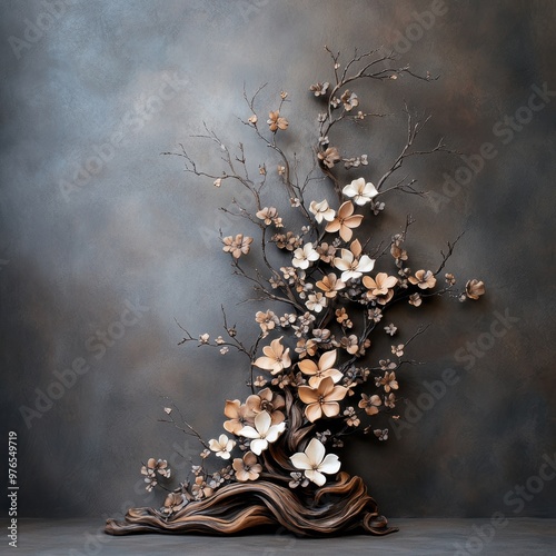 A large tree with many branches and flowers is displayed on a grey background. The tree is made of wood and has a rustic feel to it. The flowers are white