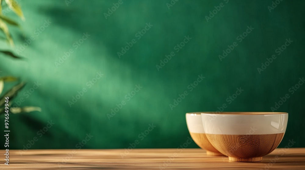 Elegant bowls on wooden surface with green background, perfect for showcasing food, products, or displaying a minimalist aesthetic. Represents simplicity, nature, health, and a touch of sophisticatio Elegant bowls on wooden surface with green background, perfect for showcasing food, products, or displaying a minimalist aesthetic. Represents simplicity, nature, health, and a touch of sophisticatio