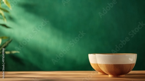 Elegant bowls on wooden surface with green background, perfect for showcasing food, products, or displaying a minimalist aesthetic. Represents simplicity, nature, health, and a touch of sophisticatio