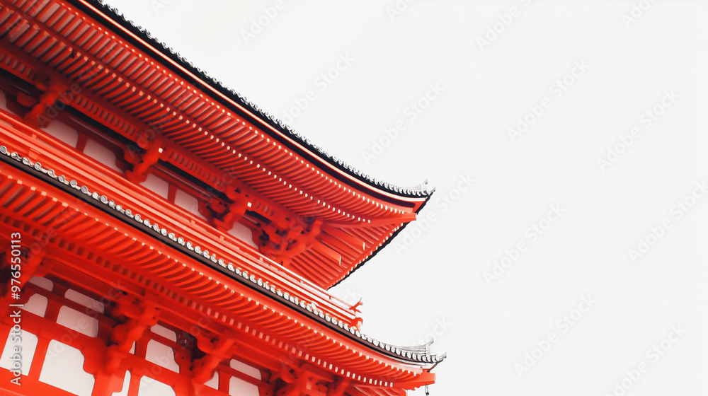 Two-tiered traditional Japanese temple with vibrant red and white detailing against a clear white background, highlighting intricate architectural details. Two-tiered traditional Japanese temple with vibrant red and white detailing against a clear white background, highlighting intricate architectural details.