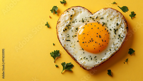 A heart-shaped fried egg with parsley on a yellow background.