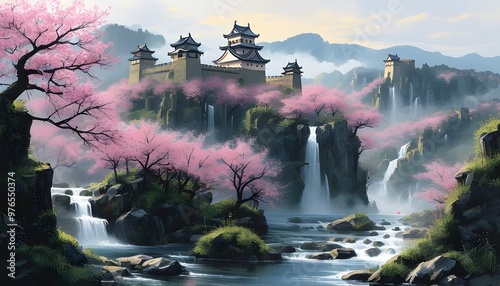 Misty mountain forest adorned with cherry blossoms, featuring Japanese castles, flowing rivers, cascading waterfalls, and stunning landscape paintings photo