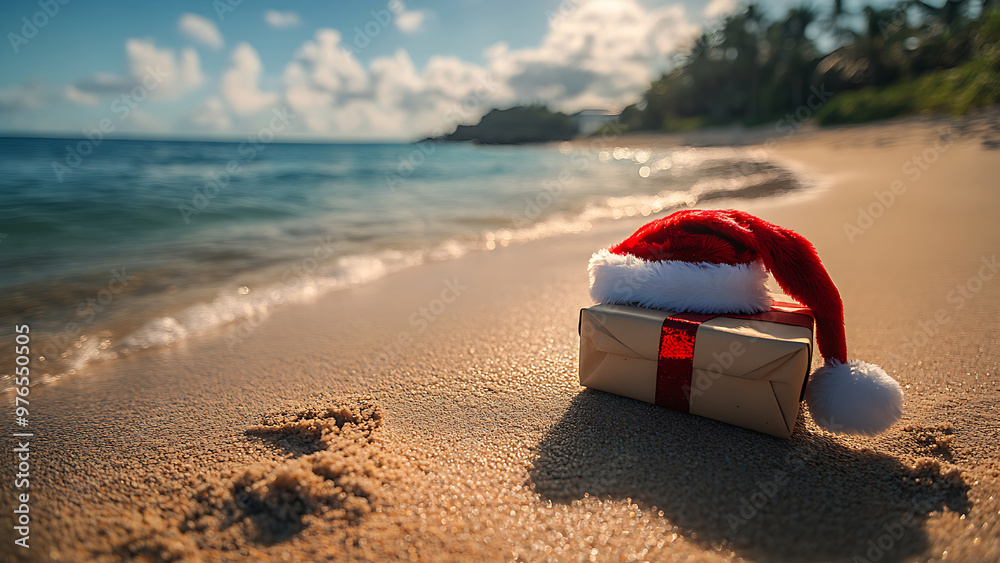 A Christmas present wrapped in brown paper with a Santa hat on it, on a sandy beach.