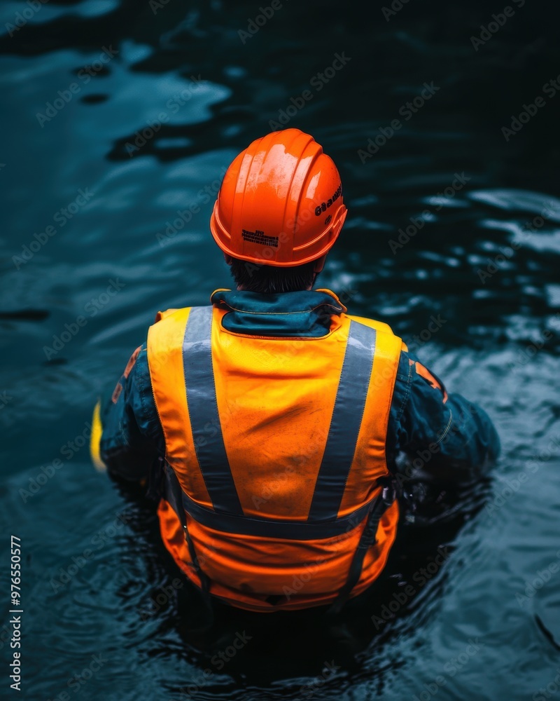 A man in an orange safety vest is in the water. He is wearing a hard hat and a life jacket A man in an orange safety vest is in the water. He is wearing a hard hat and a life jacket