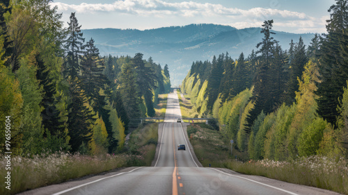 A photo of a long, winding road surrounded by lush green trees. The road leads to a mountain range in the distance. The sky is clear with a few clouds. The road has a few cars.
