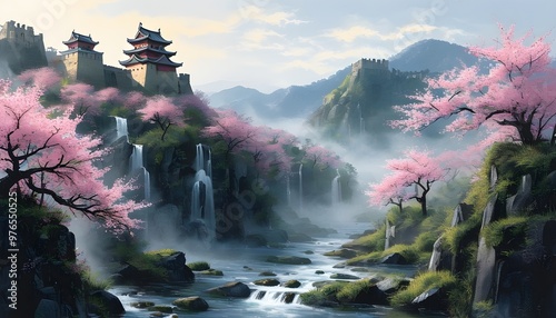 Misty mountain forest adorned with cherry blossoms, featuring Japanese castles, flowing rivers, cascading waterfalls, and stunning landscape paintings photo