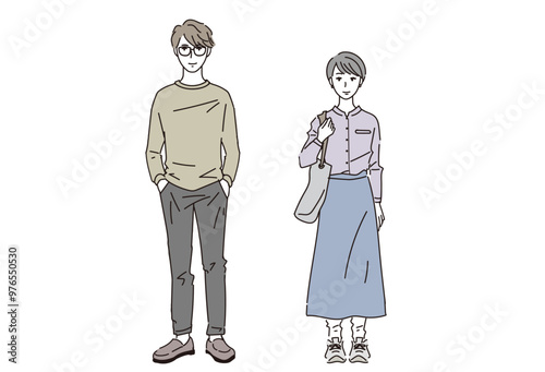 カジュアルなファッションの男性と女性のイラスト　

