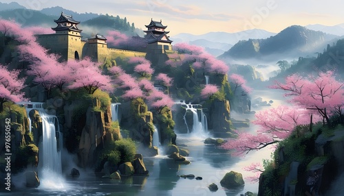 Misty mountain forest adorned with cherry blossoms, featuring Japanese castles, flowing rivers, cascading waterfalls, and stunning landscape paintings photo