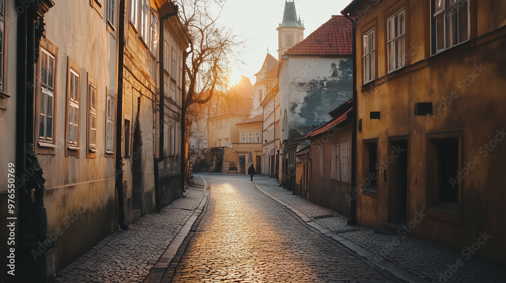 Fototapeta premium A serene cobblestone street bathed in the warm glow of a sunrise, flanked by historic European-style buildings.