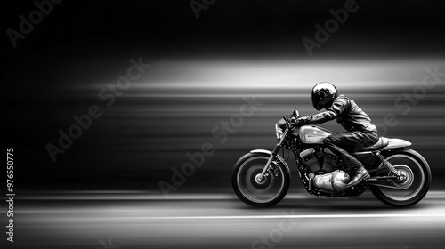 A man is riding a motorcycle on a road. The image is in black and white and has a moody, dramatic feel to it