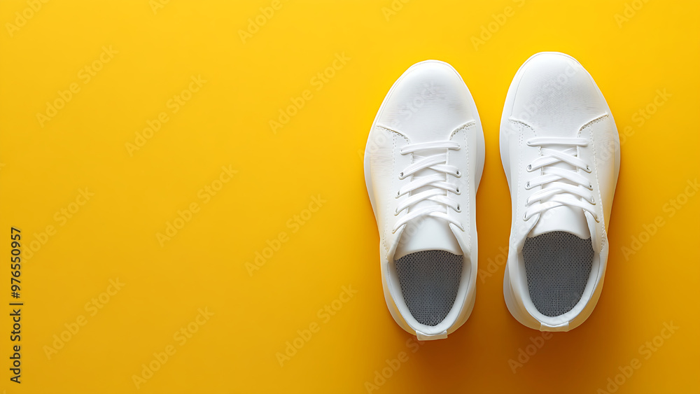 Two white sneakers on a yellow background,space for text. Two white sneakers on a yellow background,space for text.