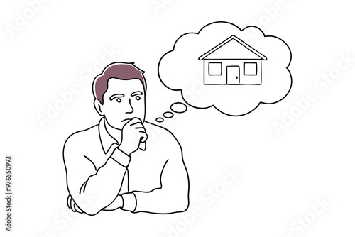  Thoughtful man reflects on the prospect of buying a house continuous black line art isolated flat vector illustration on white background