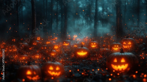 Enchanting Halloween Forest Revealed by Candlelit Jack-O-Lanterns and Rolling Mist - Spooky Atmosphere with 24mm Lens f/2.0