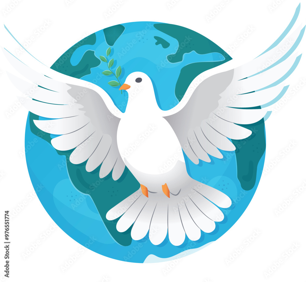 Obraz premium Vector Peace Dove in flight and Planet Earth on the transparent background. Peace anti war symbols. Peace concept Banner card design for International World Peace Day 