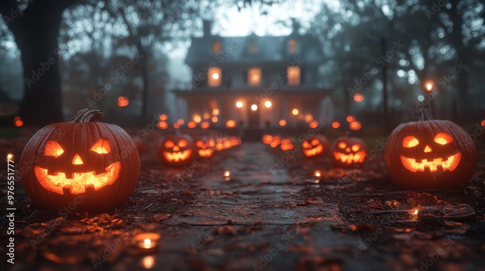 Eerie Halloween Night Scene with Glowing Jack-O-Lanterns, Haunted House, and Foggy Ambiance