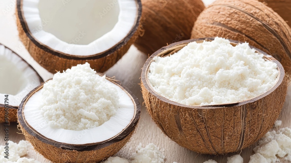 Fresh Coconut Meat in Shell Tropical Fruit Healthy Food Vegan Organic Closeup Fresh Coconut Meat in Shell Tropical Fruit Healthy Food Vegan Organic Closeup
