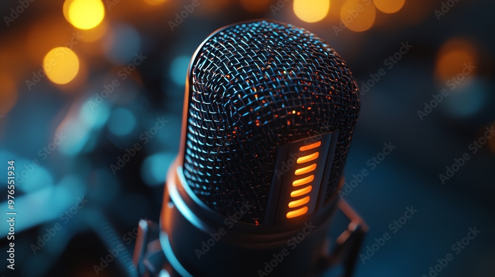 Close-up of a professional microphone with warm lighting in the background. Close-up of a professional microphone with warm lighting in the background.
