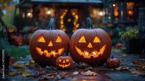 Twilight Pumpkin Carving: Festive Jack-o-Lanterns in Cozy Backyard Setting with Autumn Leaves and Halloween Decor, Soft Focus Shot