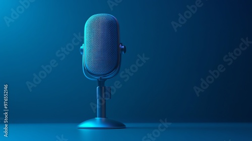 Vintage microphone on blue background, studio recording, podcasting, audio equipment, sound recording.