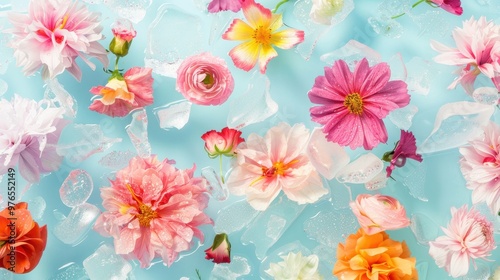 Vibrant Summer Blooms in Ice, a captivating display of colorful flowers suspended in clear ice, creating a striking contrast against a seamless wallpaper backdrop.