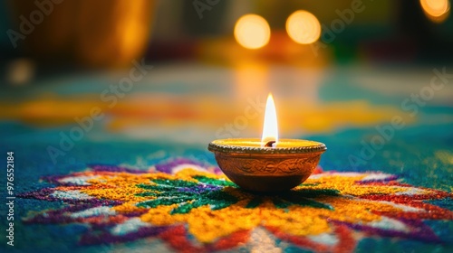 a Diya oil lamp surrounded by vibrant rangoli patterns on a blurred background, leaving space for festive greetings.