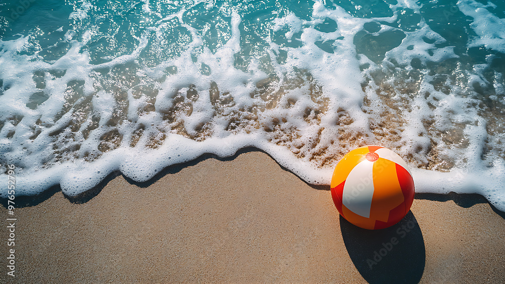 Obraz premium A beach ball on a sandy beach with waves.