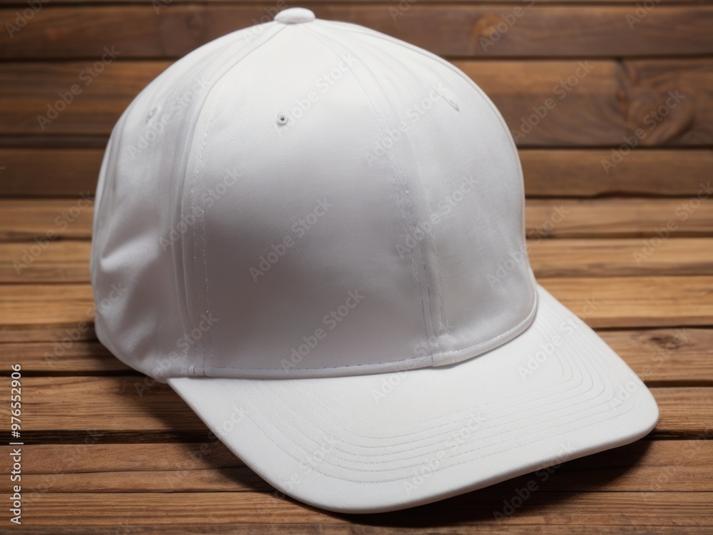 White baseball cap on a wooden table. Baseball cap mockup White baseball cap on a wooden table. Baseball cap mockup
