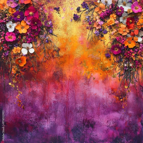 A painting of flowers with gold accents. The flowers are in various colors and are arranged in a way that creates a sense of depth and movement