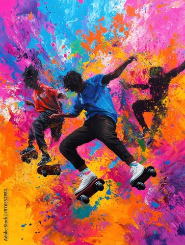 A painting of three people on skateboards in a colorful background. The mood of the painting is energetic and fun, as the people are enjoying themselves while skateboarding