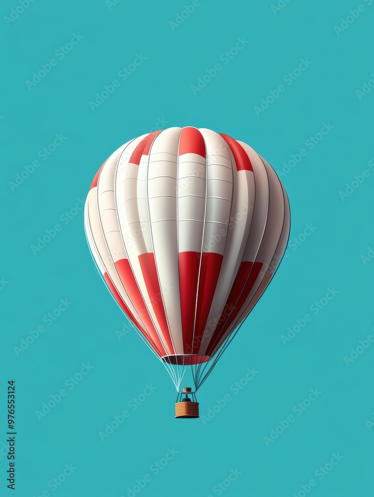 Naklejka premium A red and white hot air balloon is floating in the sky. The balloon is the main focus of the image, and it is a symbol of freedom and adventure. The blue sky in the background adds a sense of openness