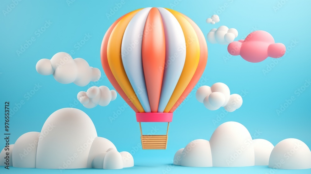 A cartoon hot air balloon floats in a blue sky with white clouds. A cartoon hot air balloon floats in a blue sky with white clouds.