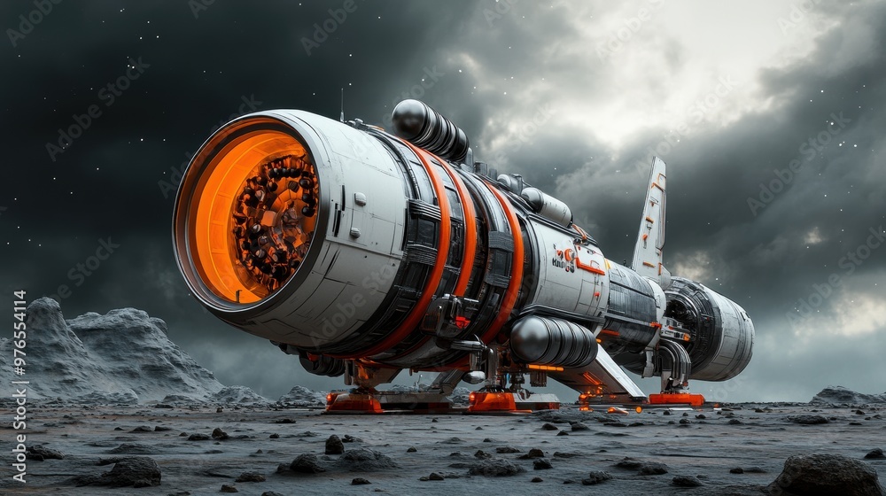 A space ship with a large orange engine is on a rocky surface. The ship is surrounded by mountains and the sky is cloudy. Scene is mysterious and adventurous A space ship with a large orange engine is on a rocky surface. The ship is surrounded by mountains and the sky is cloudy. Scene is mysterious and adventurous