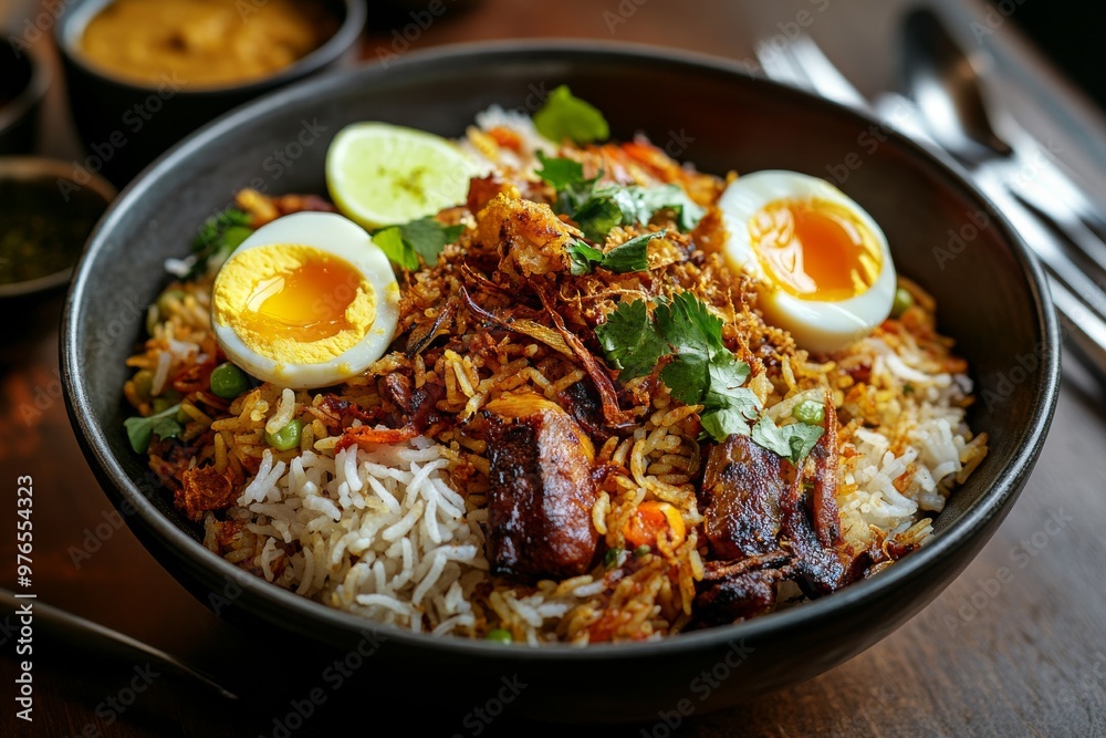 Biryani, A fragrant rice dish cooked with aromatic spices, meat (such as chicken, mutton, or fish), and sometimes vegetables, often garnished with fried onions and boiled eggs. Biryani, A fragrant rice dish cooked with aromatic spices, meat (such as chicken, mutton, or fish), and sometimes vegetables, often garnished with fried onions and boiled eggs.