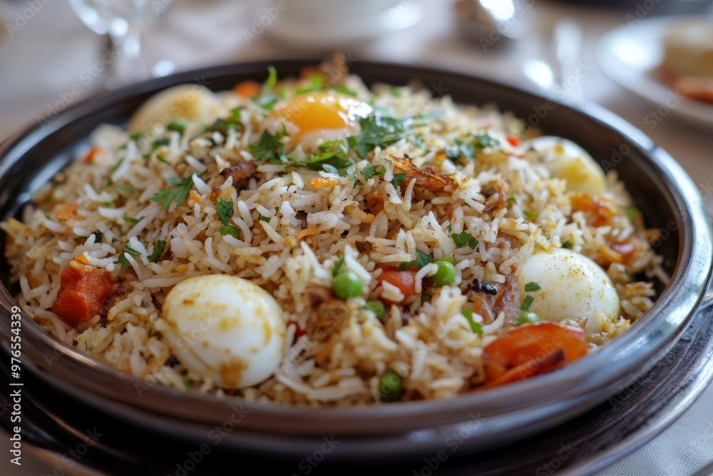 Biryani, A fragrant rice dish cooked with aromatic spices, meat (such as chicken, mutton, or fish), and sometimes vegetables, often garnished with fried onions and boiled eggs. Biryani, A fragrant rice dish cooked with aromatic spices, meat (such as chicken, mutton, or fish), and sometimes vegetables, often garnished with fried onions and boiled eggs.
