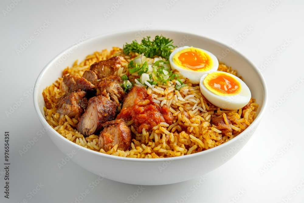 Biryani, A fragrant rice dish cooked with aromatic spices, meat (such as chicken, mutton, or fish), and sometimes vegetables. Isolated on White Background Biryani, A fragrant rice dish cooked with aromatic spices, meat (such as chicken, mutton, or fish), and sometimes vegetables. Isolated on White Background