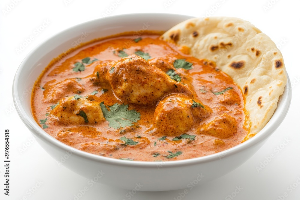 Butter Chicken, A creamy, tomato-based curry with tender pieces of chicken, flavored with a blend of spices and typically served with naan or rice, Isolated on White Background Butter Chicken, A creamy, tomato-based curry with tender pieces of chicken, flavored with a blend of spices and typically served with naan or rice, Isolated on White Background
