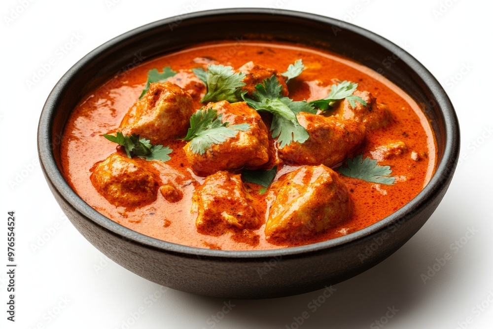 Butter Chicken, A creamy, tomato-based curry with tender pieces of chicken, flavored with a blend of spices and typically served with naan or rice. Isolated on White Background Butter Chicken, A creamy, tomato-based curry with tender pieces of chicken, flavored with a blend of spices and typically served with naan or rice. Isolated on White Background