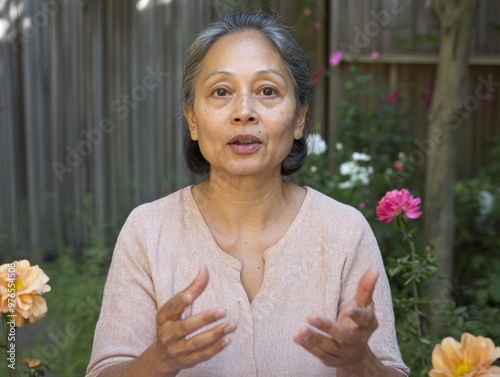 Mature Woman Discussing in Peaceful Garden Surrounded by Flowers, Daytime photo